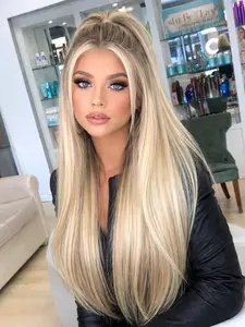 Cream Beige Blonde Straight Lace Front Wig 28 Inch with Shadow Root 13x4 HD Transparent Lace Heat Resistant Synthetic Hair Natural Look Free Part Natural Looking Wigs