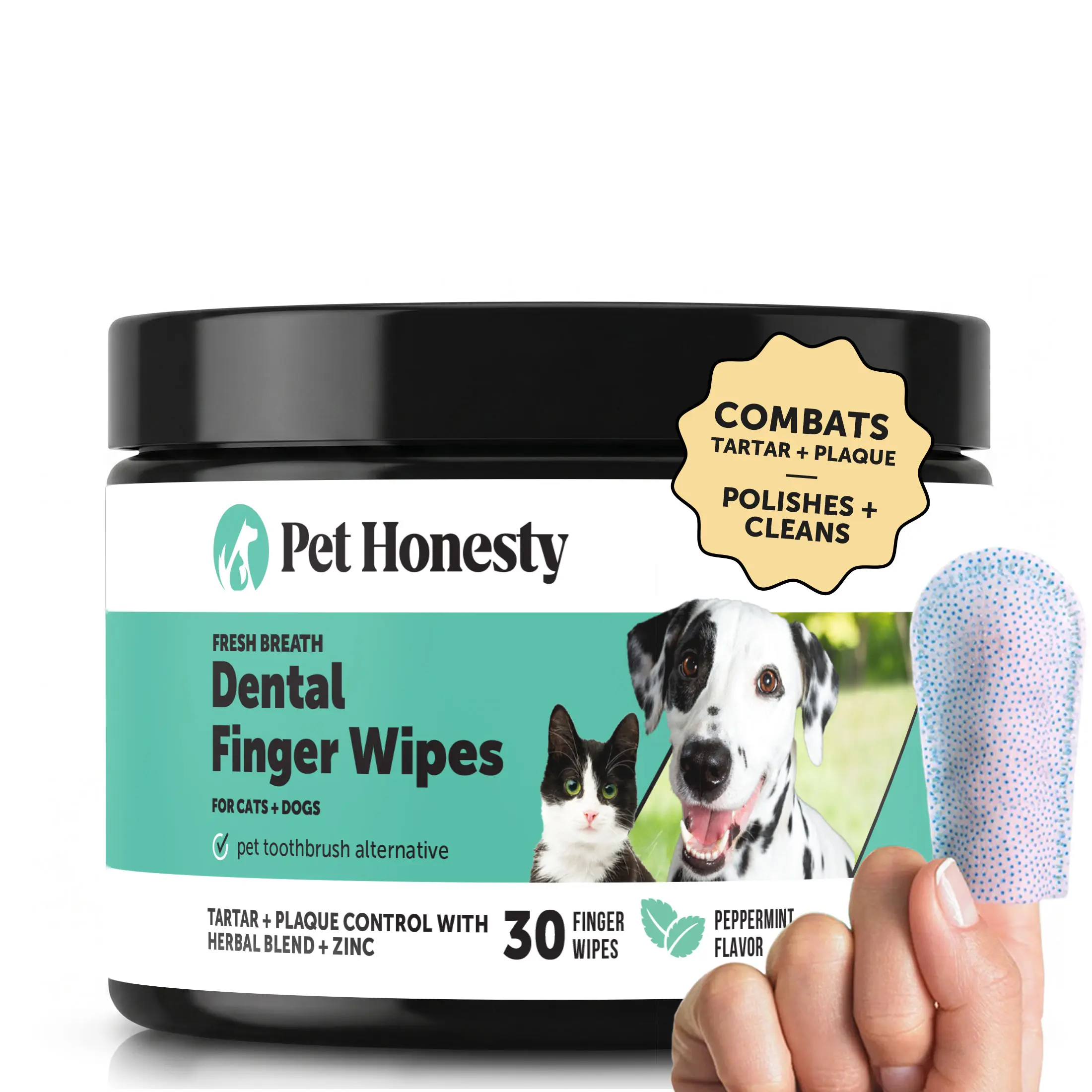 Pet Honesty Fresh Breath Dental Wipes for Dogs & Cats - Dual Action Polishes & Cleans with Herbal Blend & Zinc - 30 ct