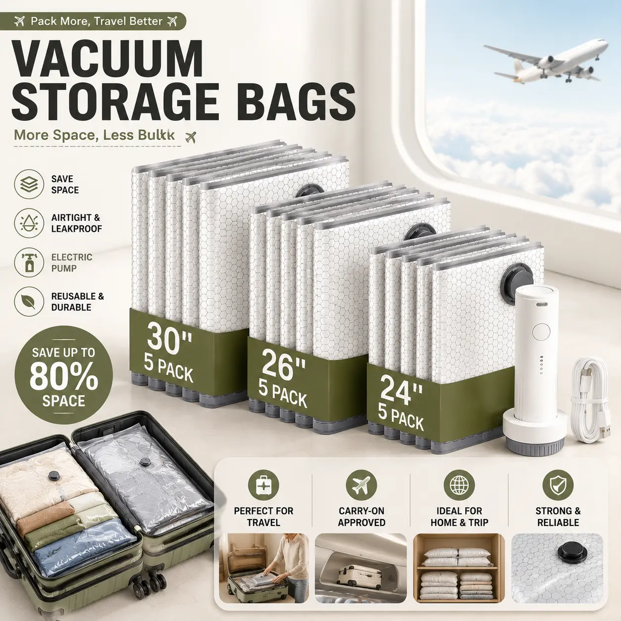 Travel Vacuum Compression Storage Bags (15pcs, 23x31 in) - PVC, Airtight, Waterproof, USB Rechargeable Electric Handheld Pump, Ultra-Small Lightweight Space Saver for Clothes, Travel Essentials, Outdoor Packing, Vacuum Bags For Travel, Dustproof Storage B