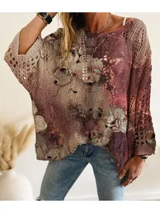 Spring & Summer Off-Shoulder Diamond Cutout Batwing Drop-Shoulder Loose Knit Top. Contrast Flower Print, Long Sleeve, Bohemian & Vacation Style, Casual Elegant Commute. Cover-up for Vests and Bikinis. Womenswear