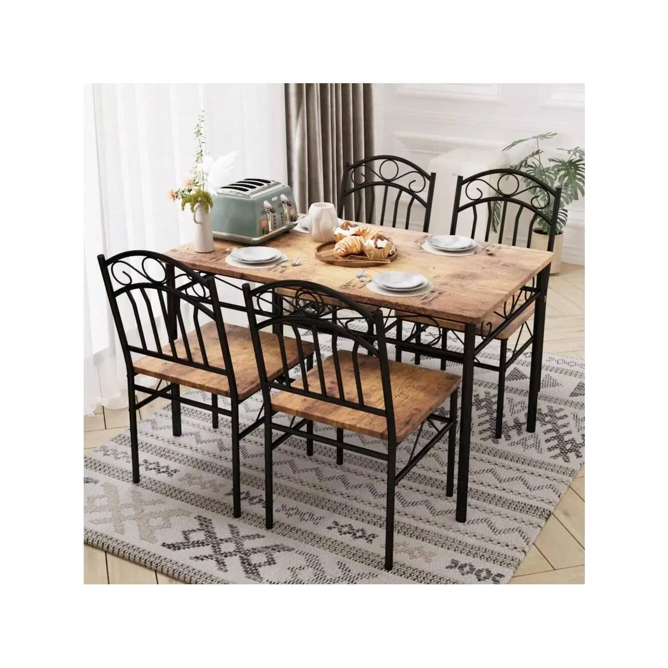 5-Piece Kitchen Dining Room Table Chair Set For Small Space, Indoor Modern Dinette Set For 4,  Rectangular Dinner Table Set For Dinette, Breakfast , Vintage