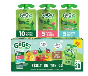 GoGo squeeZ Applesauce and Fruit Puree Variety Pack, Apple, Peach & Gimme Five!, 3.2 oz (Pack of 20), Unsweetened Fruit Snacks for Kids, Gluten Free, Nut Free, BPA Free Pouches (Packaging May Vary)