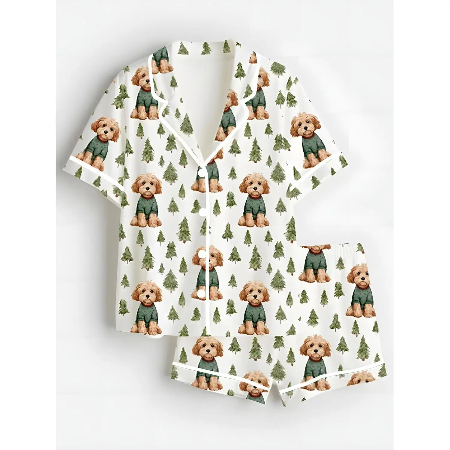 Festive Dog & Tree Satin Sleepwear Set - Short Sleeve Two-Piece Pajamas with White Trim for Women