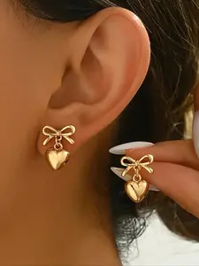 1 Pair of Charming Vintage Bow Heart Dangling Earrings, Elegant Temperament, Suitable for Women'S Daily Commuting And Holiday Decoration, Heart Shaped Earrings