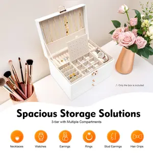 3-Tier White/Black Jewelry Box Lockable PU Velveteen Lining 8 Hooks for Watch Necklace Earring Ring Storage Home Organizer Gift for Men Women