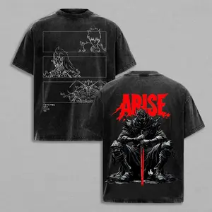 Solo Leveling Arise Anime T-Shirt - Sung Jin Woo Shadow Soldiers Igris Beru Double Printed Graphic Tee - Lightweight Acid Washed Oversized Vintage Streetwear Shirt - Manhwa Merch Gift for Anime Fans Casual Top