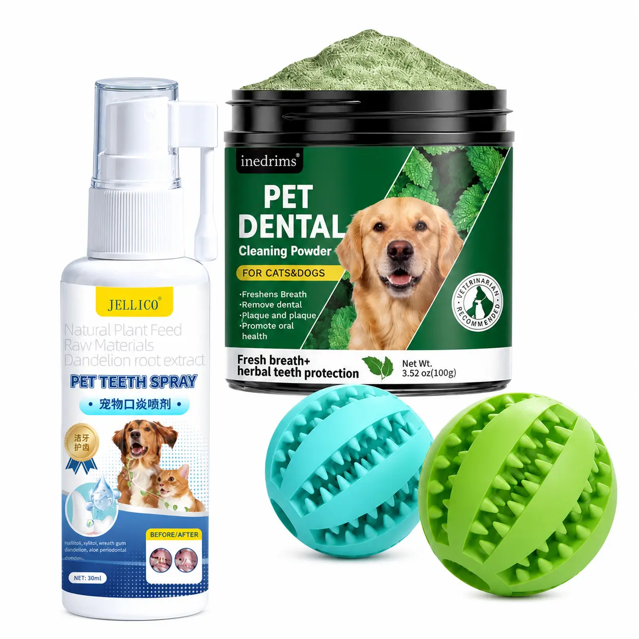 All-In-1 Pet Dental Care Kit - Natural Herbal Teeth Cleaning Set with Powder, Toothbrushes for Dogs & Cats, Supports Plaque Removal, Cleaner Teeth & Easy Daily Routine Organic Minty Whitening Toothpaste Chew three-piece spray dr fresh