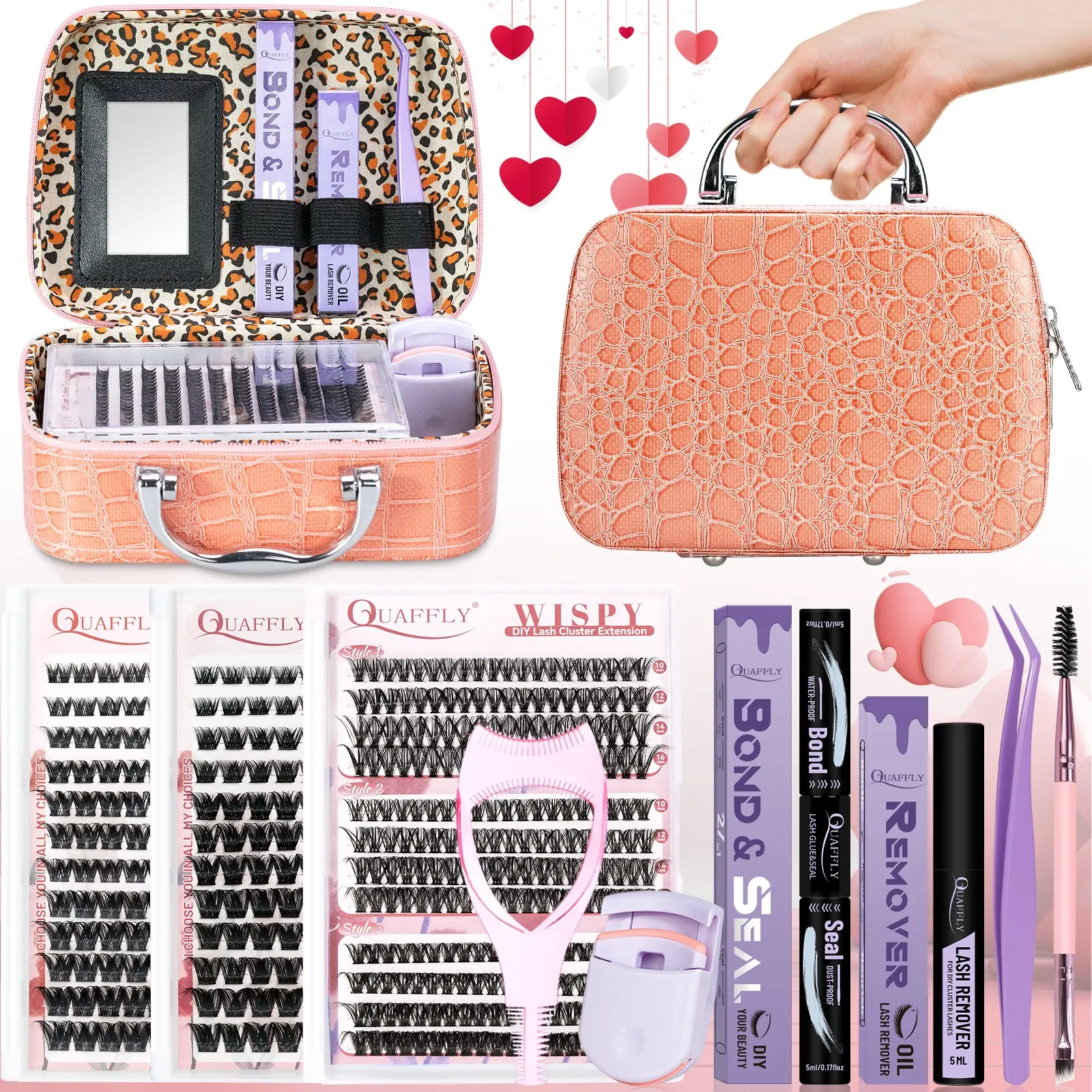Valentine's Day Eyelash Gift Set, Natural False Eyelashes Kit, DIY Cluster Lash, Eyelash Clusters Extensions, Includes 3 Rolls 516 Clusters, Adhesive, Remover, Tweezers, Portable Makeup Tools