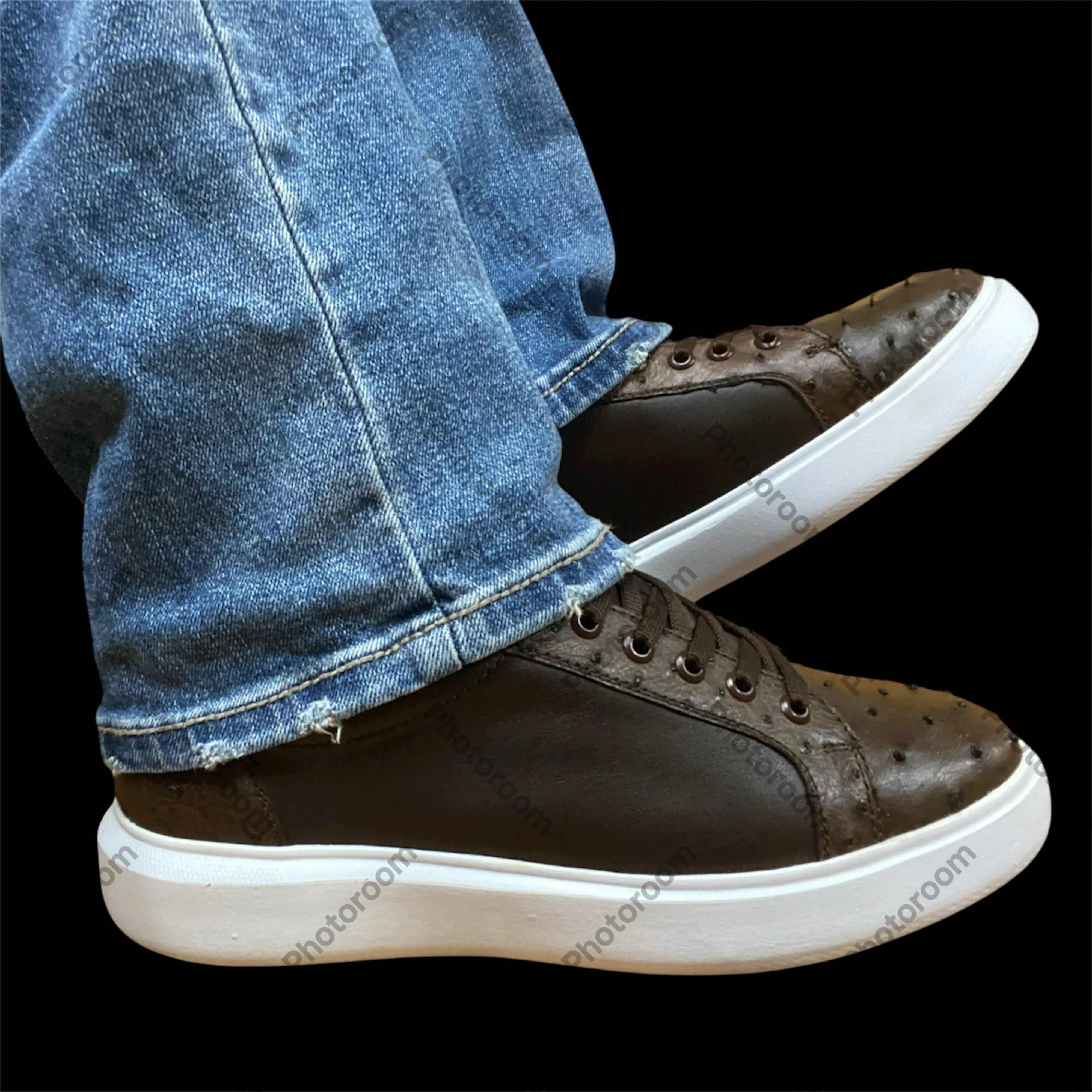 Men's Exotic Ostrich Leather Shoes 100% Genuine Ostrich Skin in Coffee Brown with White Sole