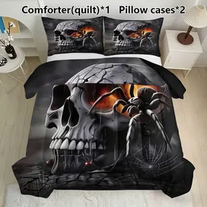 3-Piece Spider Skull Quilt Set (1 Quilt + 2 Pillowcases), Soft Lightweight Breathable, All-Season Bedding, Home or Dorm Use