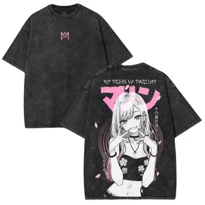 Marin Kitagawa My Dress-Up Darling Oversized Washed Tee With Pink Sakura Anime Back Art | Cute Waifu Collector Shirt Cotton Streetwear