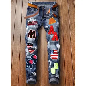 Punk Trend Blue Cat Whisker Slimming Personality Fashion Flag Badge Paint Embroidery Small Straight Men'S Jeans