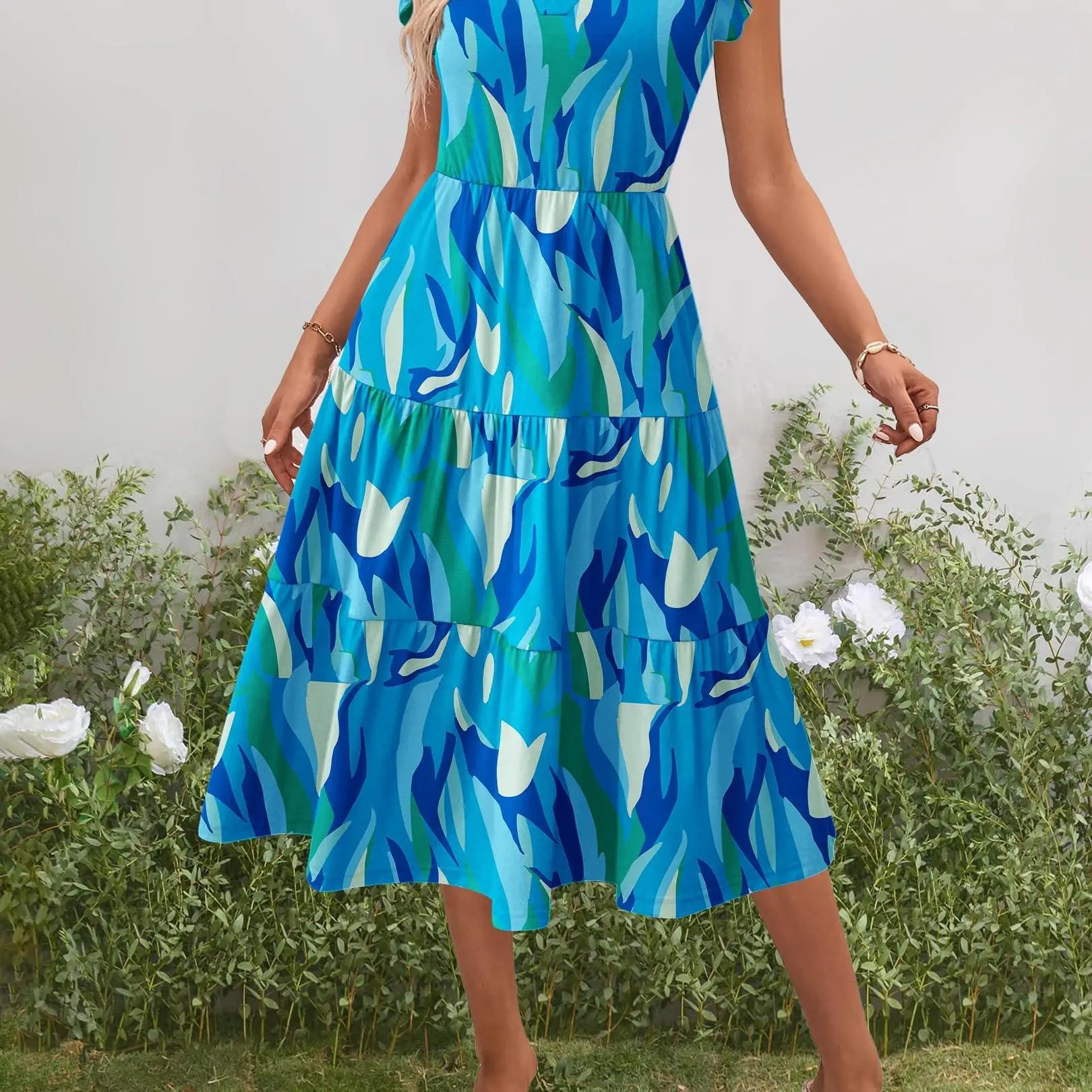 ZEAGOO Womens Summer Casual Dresses Ruffle Sleeve V Neck Midi Dress Flowy  Tiered Dress with Pockets Boho Sundresses Floral Pleated - TikTok Shop