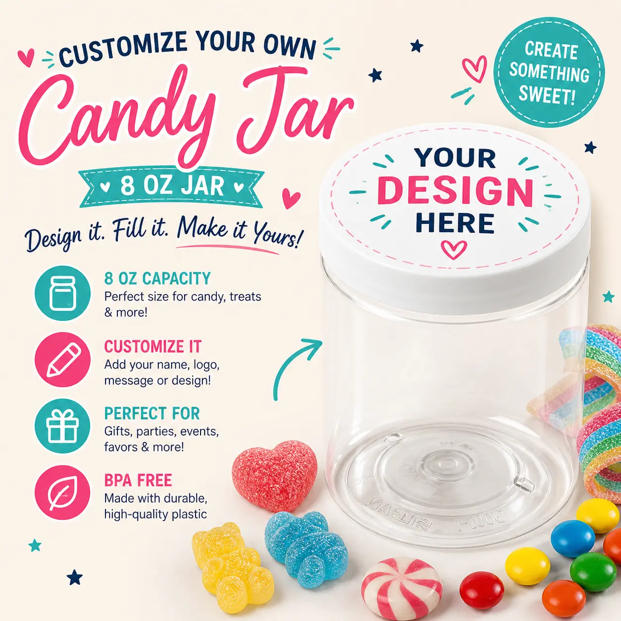 8oz Personalized Plastic Candy Bottle - Custom Print Storage Jar, Home Organizer with Add-Your-Own Design Feature