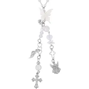 Angel Cross Rear View Mirror Charm -  Angel Wing Pendant Hanging Chain, Religious Cross  Suncatcher Ornament,   Interior Decor  for Women