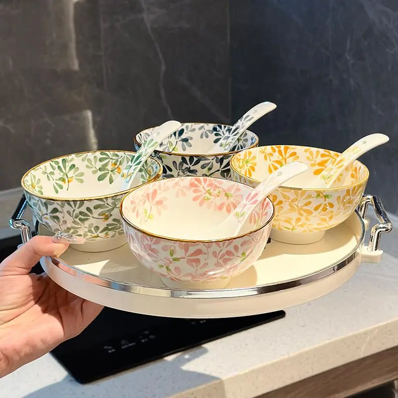 Floral Pattern Ceramic Dinnerware Set, 4 Counts/set Dinner Bowl with Spoon, Salad Bowl, Kitchen Tableware Set, Dishes Set, Dishware Set, Dishwasher, Oven & Microwave Safe