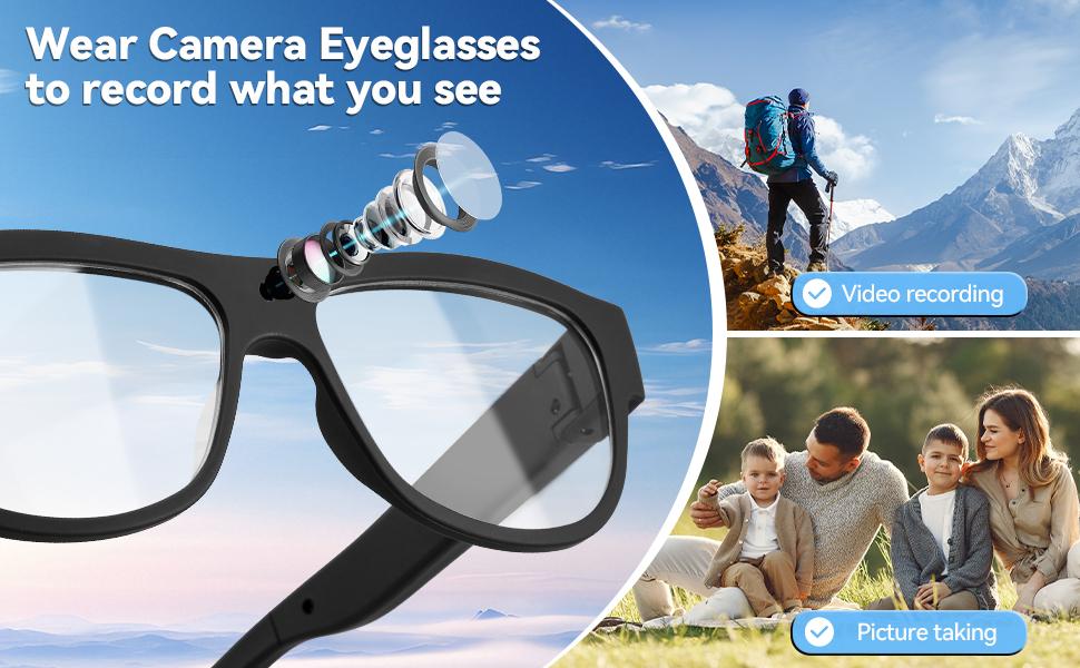 Latest Stylish Camera Glasses 1080p Outdoor Sports Camera with 64GB Memory Card Wide Angle Lens for Hiking & Driving