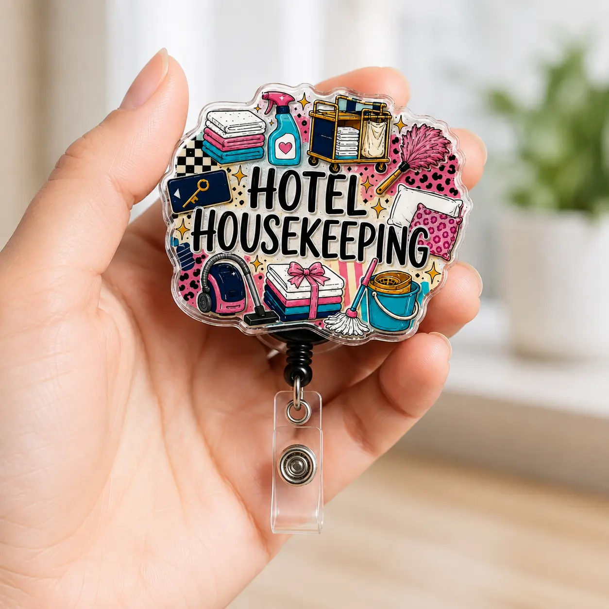 Hotel Housekeeping Badge Reel, Cute Cleaning Cart Acrylic Retractable ID Badge Holder, Housekeeper Badge Reel for Hotel Maids, Cleaning Staff, Housekeeping Workers, 2 3 4 Inch