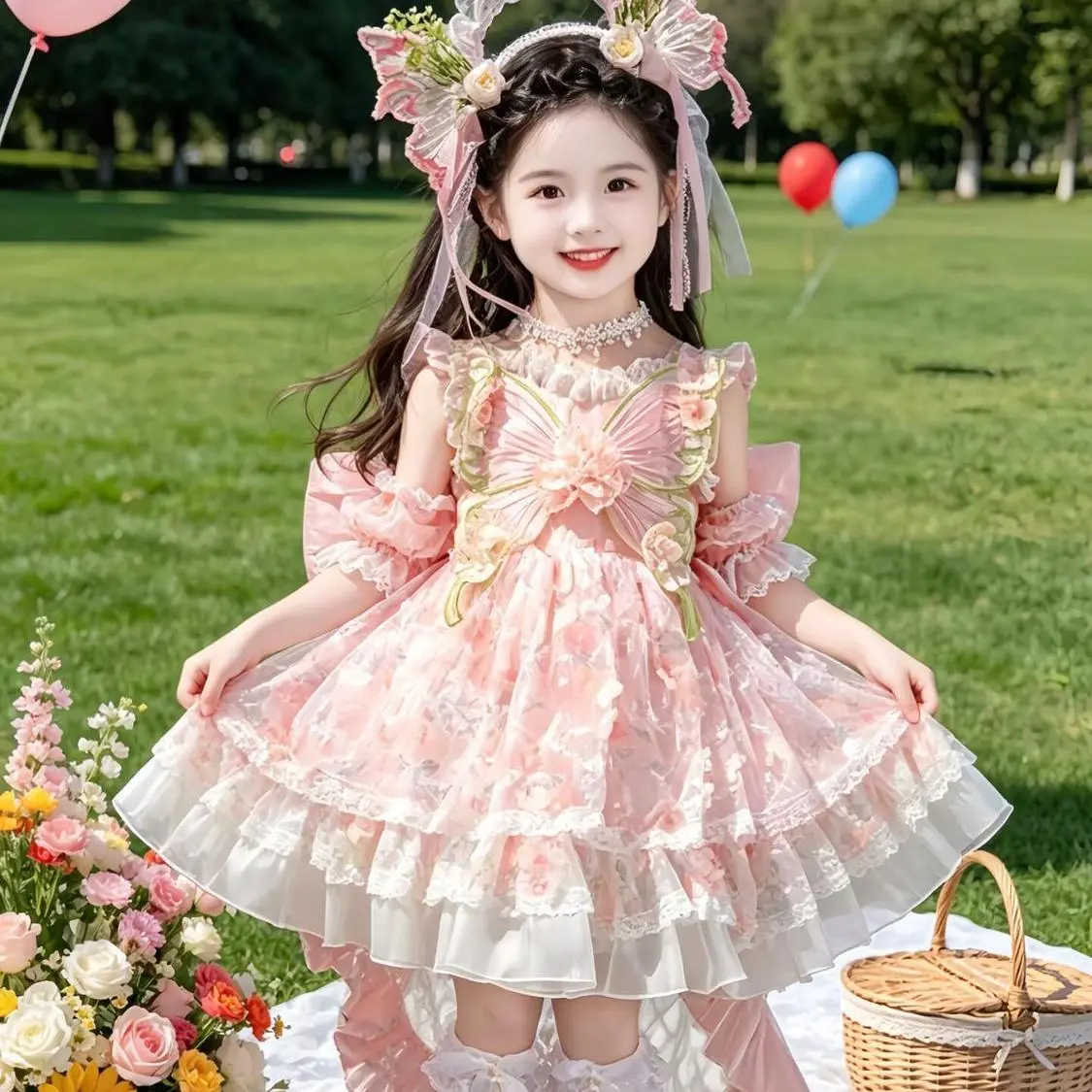 Girls' Soft Peach Floral Cute Dress - Polyester Crew Neck, Sweet Puff Sleeves, 3D Flowers, Bow, Layered Tulle Skirt, Casual Kids' Clothing, Hand Wash Only Summerdress