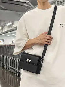 1pc  Men's shoulder bag, solid color black shoulder bag, hardware flip cover, fashionable and versatile, exquisite and trendy, suitable for students, campus, work, commuting, shopping, dating, men's shoulder bag, Minimalist crossbody bag
