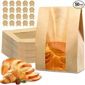 60pcs Paper Bread Bags for Homemade Bread Sourdough Bags with Window 13.7 x 8.3 x 3.5 Inch Large Brown Kraft Bakery Bag for Storing Loaves & Snacks Includes 70 Sealing Stickers