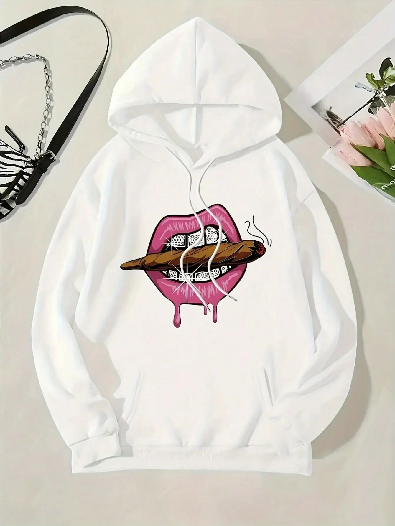 Women's Graphic Hoodie with Cartoon Lips Print, Casual Soft Long-Sleeve Pullover, Loose-Fit for Autumn-Winter Everyday Wear, Piece, Fashion Apparel, Joggers
