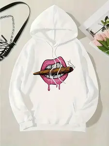 Hoodie with Smoking Pattern Print for Women - Loose Fit Casual Pullover, Cartoon Cigar and Pink Lips Design, Machine Washable Medium Stretch Fabric, Suitable for Autumn and Winter Fashion Printed