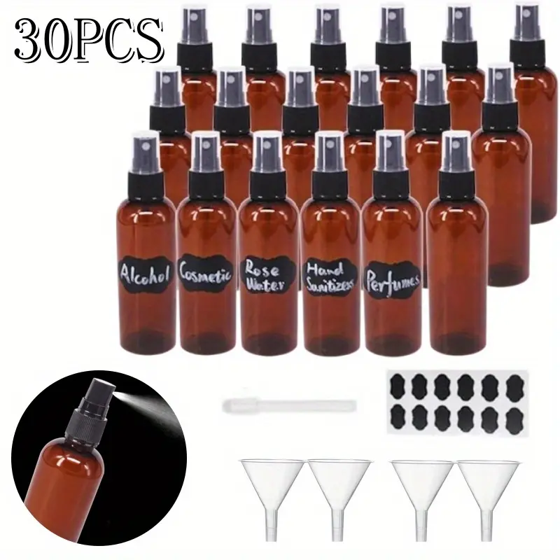 24-Pack Amber 2oz Fine Mist Spray Bottles with Plastic Nozzles - BPA & Formaldehyde-Free, UV Protection, 24 Chalk Labels, Tin Canister Organiser for Essential Oils, Witch Hazel, Rose Water, Lemon Eucalyptus - Home Improvement, Christmas Gifts
