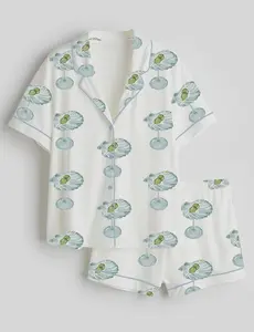 Women’s Seashell Martini Satin Pajama Set, Short and Long Sleeve Button Up Sleepwear, Luxury Cocktail Print PJs for Women
