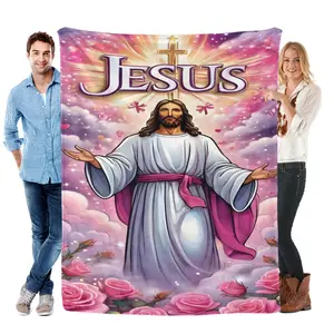 Jesus Rose & Cloud Christian Flannel Blanket Soft Cozy Gift Throw with Warm Faith Inspired Design Perfect for Gifting to Believers Snuggling Warmly or Adding Gentle Spiritual Charm to Any Space