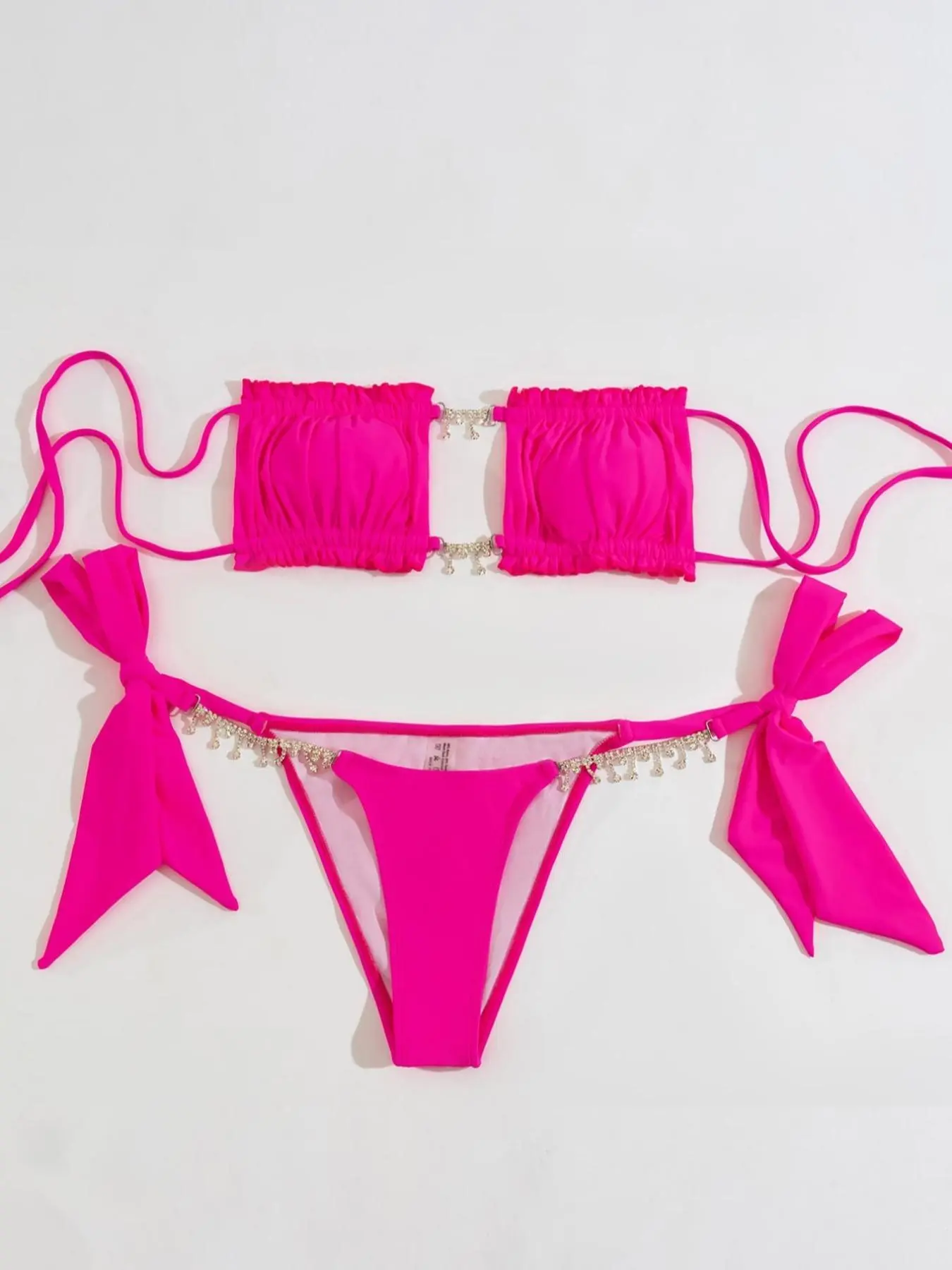 Women's Two Piece Bikini Swimsuit, Rhinestone Tassel Solid Color Top with Tie Side Bikini Panty, Beach Swimsuit for Women, Solid Ruched Swimsuit, Bikini Set