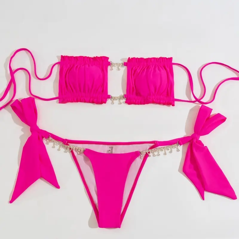 Women's Two Piece Bikini Swimsuit, Rhinestone Tassel Solid Color Top with Tie Side Bikini Panty, Beach Swimsuit for Women, Solid Ruched Swimsuit, Bikini Set