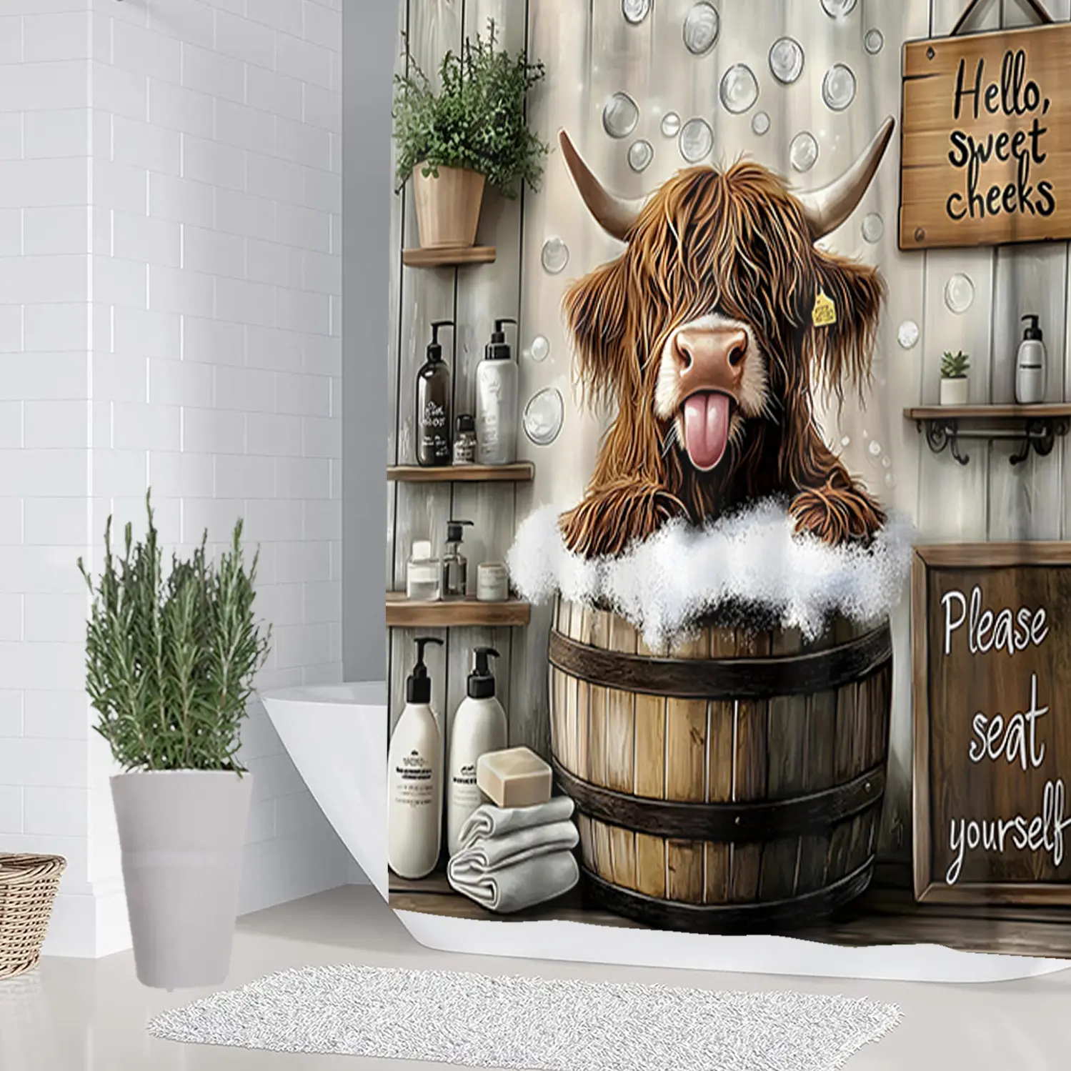 1/4 piece farmhouse design bathroom set, Aesthetic Bathroom Decor And Accessories, Restroom, Shower Curtain Sets, including soft floor mats with good rebound, water absorption, anti slip, toilet seat cushions, shower curtains, home decor, and gift giving