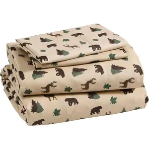 4-Queen Microfiber Sheet with Deep Pockets Rustic Patchwork Plaid Deer, Brown Tan Green