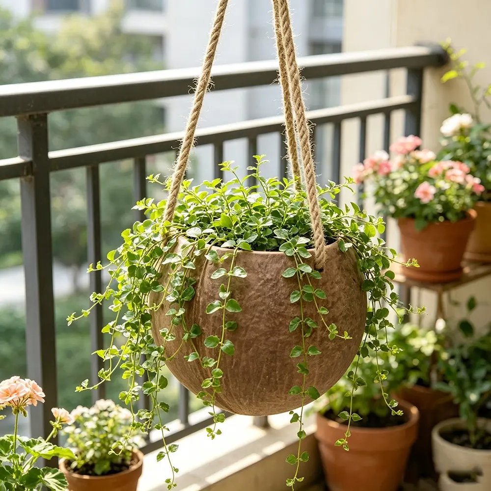Coconut Shell Hanging Planter with Rope, Vintage Rustic Plant Pot for Restaurant Wall Decor, 3.5-5 Inch Size, Planter Pots