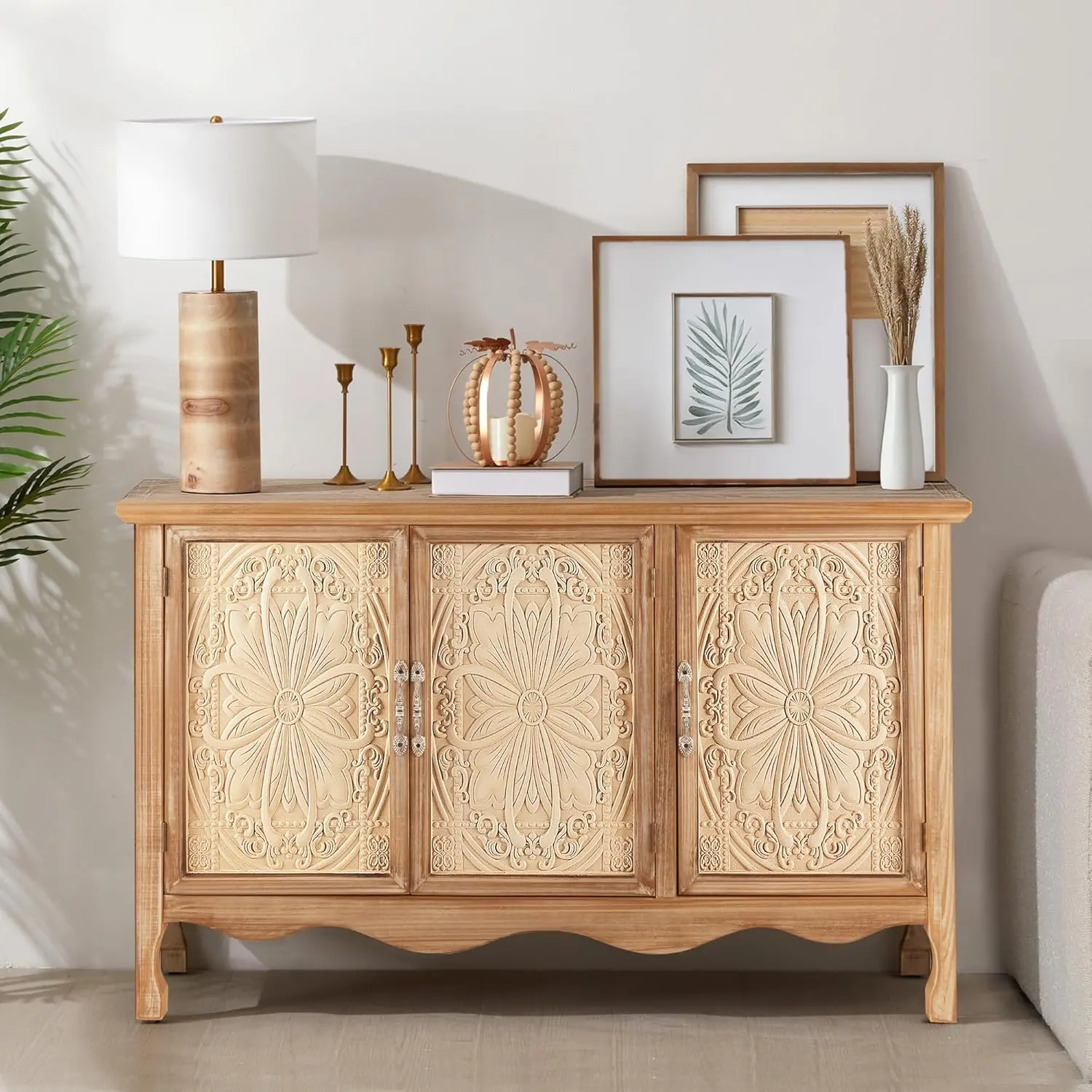 RoyalCraft Farmhouse Sideboard Buffet Cabinet with Storage, 49" Solid Wood Credenza Buffet Table Coffee Bar Wine Bar Storage Cabinet with 3 Doors for Dining Room Living Room Hallway, (Provence Grain)