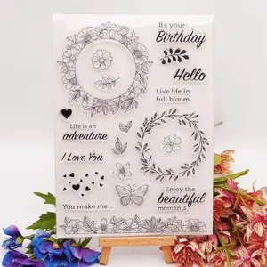 Flower Wreath Lace Clear Stamps Silicone Stamp Cards with Sentiments,Garland Greeting Words Pattern Transparent Seal Stamps for Holiday Card Making Decoration and DIY Scrapbooking Album DIY Crafts