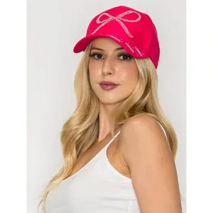 Lia Rhinestone Embellished Long Tail Bow Design Denim Cap