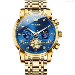 Fashion Brand OLEVS Men Watches Stainless Steel Chronograph Watch, Large Wrist Analog Quartz Watch, Fashion Waterproof Diamond Roman Numerals Dress Watches for Men, Gold/Black/White/Blue/Grey Dial
