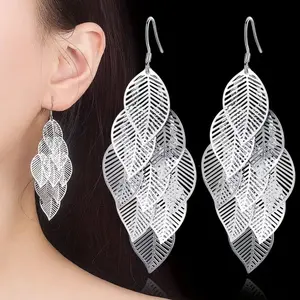 1 Pair Vintage Silver Leaf Dangle Earrings for Women, Boho Long Statement Drop Earrings, Lightweight Nature-Inspired Jewelry for Daily Wear Party Gift