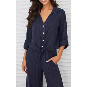 Pinstripe Linen Tie Front Blouse in Navy