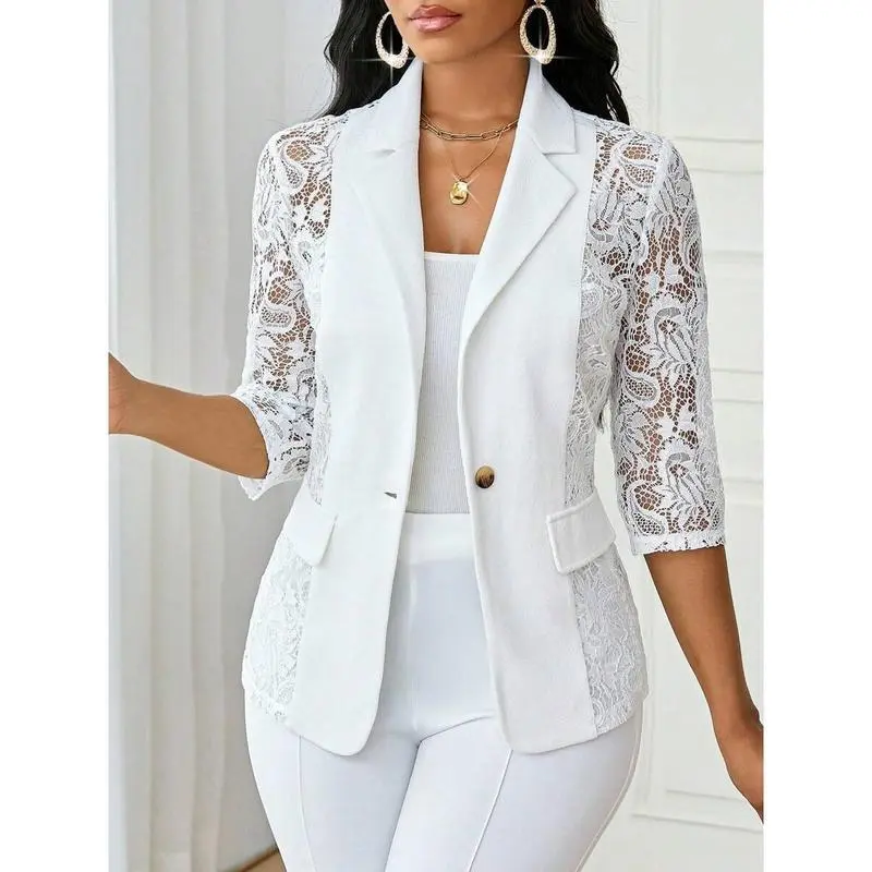 Lady Four Season White Suit Women Blazers Women Coat Lace Splicing Elegant Suit Fit Double Breasted Lapel Neck Blazer flowy    set Sleeve Womenswear Button Polyester Sheer Chic Minimalist