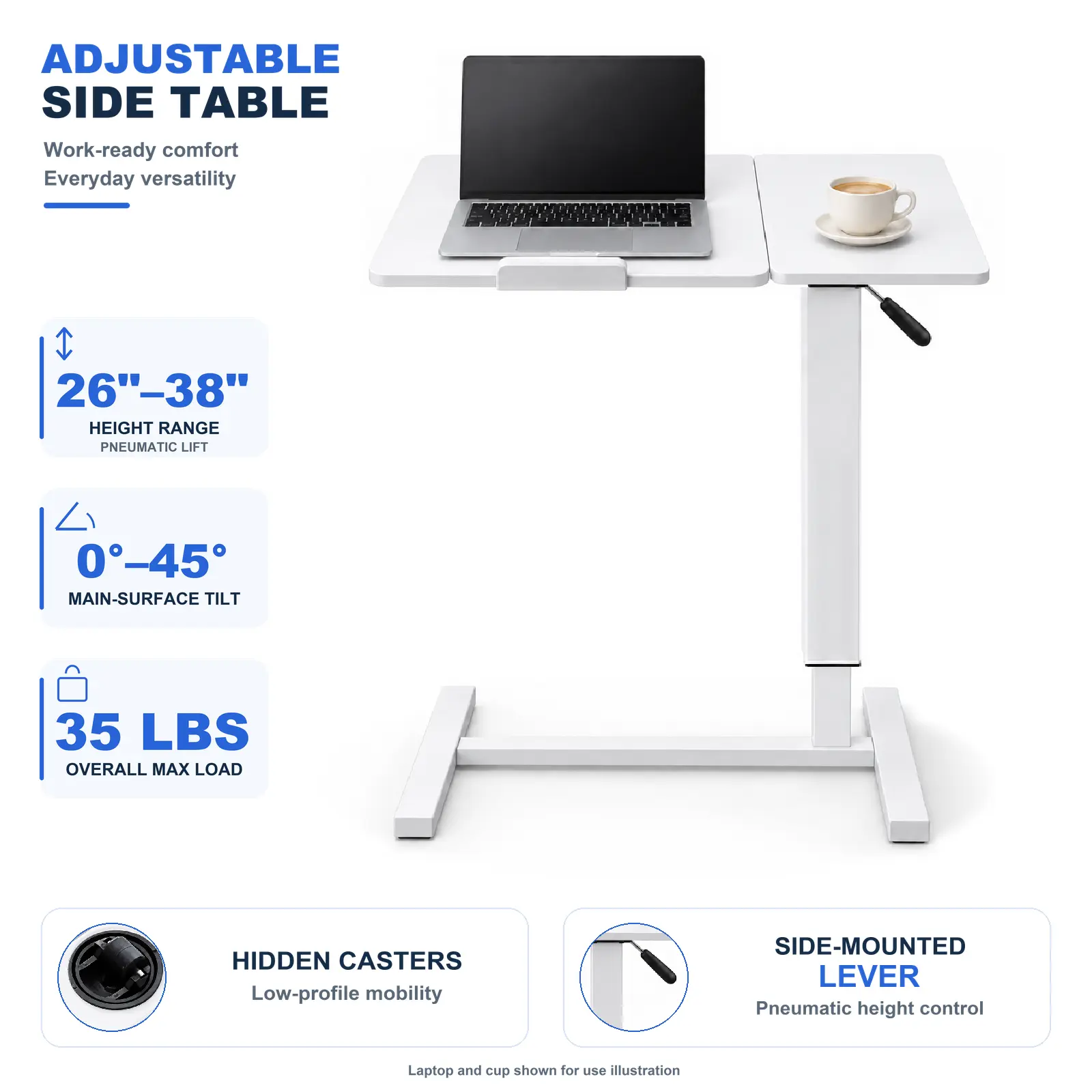 Height Adjustable Overbed Table with Wheels Rolling Laptop Desk with Tilting Top, Mobile Computer Desk, Bedside Table, C Shaped Side Table & Workstation for Bed, Sofa, Bedroom & Home Office