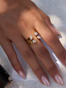 Ladies Ring White Geometric Horse Eye Zircon Asymmetrical Double Layer Open Ring Stainless Steel 18k Gold Plated Waterproof Anti Allergy Classic Fashionable Shiny And Textured Jewelry Stackable Rings