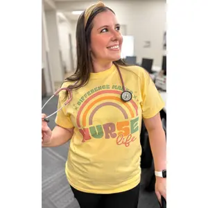 Tees2urdoor Lady's Nursing T-Shirt - "Difference Maker Nurse Life" Graphic Print, Crew Neck, Short Sleeve, Fitted Cotton Clothes, Casual Comfort Top for Hospital Staff