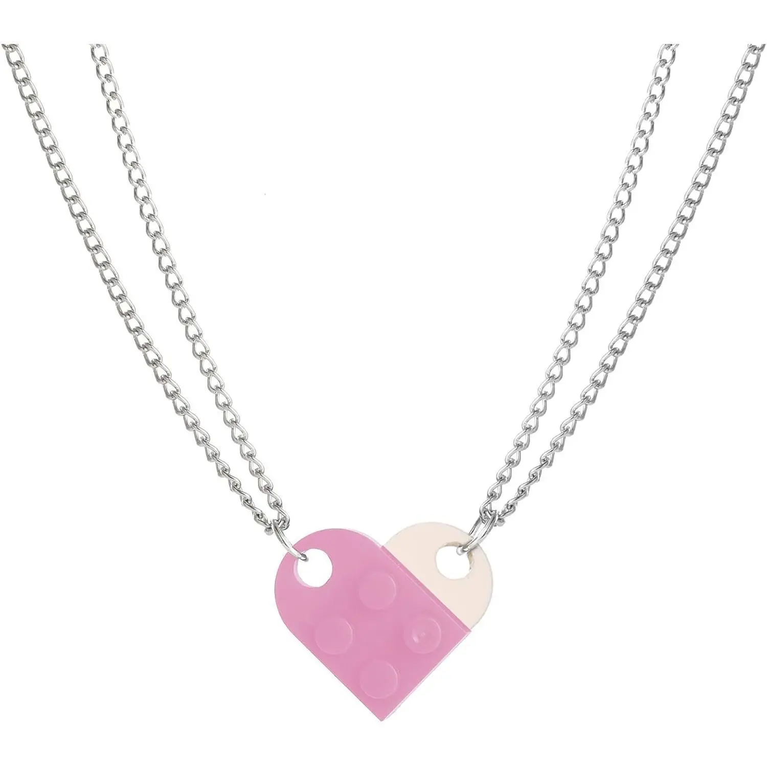 Heart Shaped Brick Necklace for Couples Friends Besties, Heart Pendant 2 counts Brick Pendants Compatible with Lego Elements for Women Men Memorial Jewelry