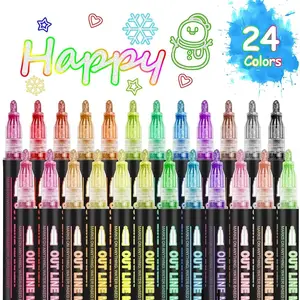 Double Line Outline Markers 24 Colors Super Squiggles Glitter Markers Self Outline Metallic Markers, Doodle Shimmer Markers Drawing Pens for Christmas Greeting Card, Birthday , DIY Art Crafts