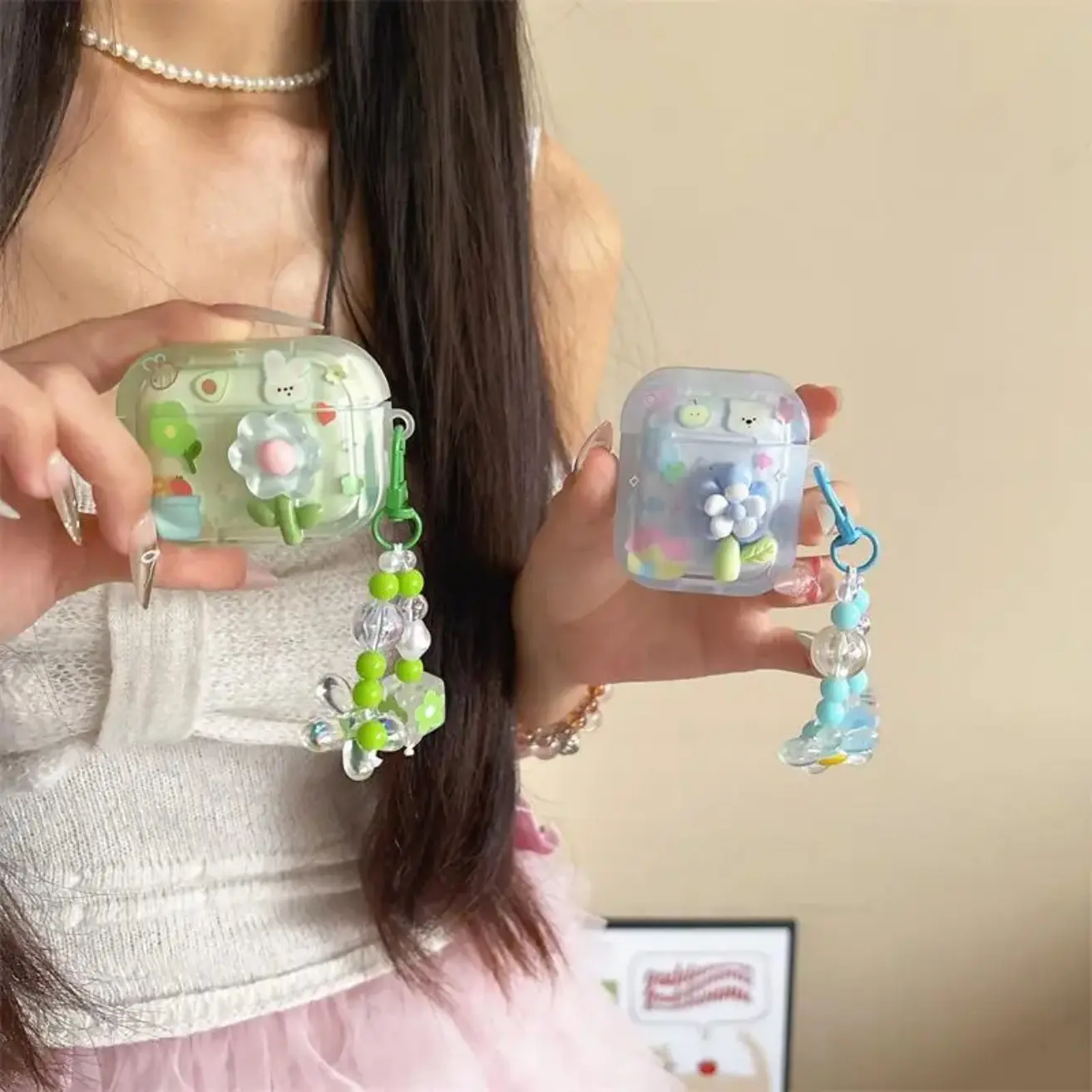 Square 3D Floral AirPods Case with Puppy & Rabbit Design, Semi-Transparent Protective Cover with Flower Pendant, Compatible with AirPods 1/2/3/4/Pro/Pro 2, Cute Durable Earphone Accessory for Everyday & Travel Use