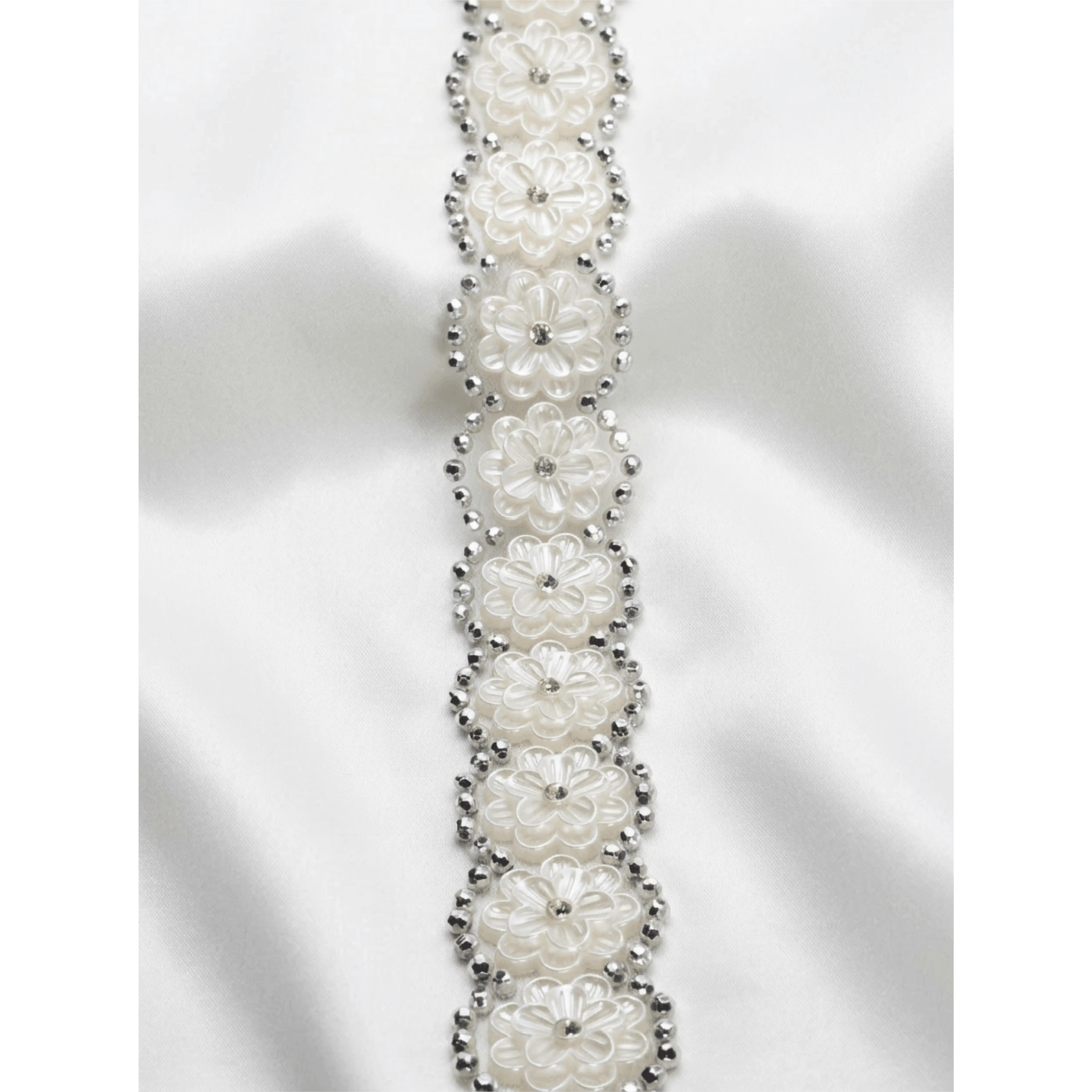 Ivory Floral Pearl Rhinestone Trim – Self Adhesive Wide Beaded Flower Lace, Bridal Trim, Luxury Sewing Trim