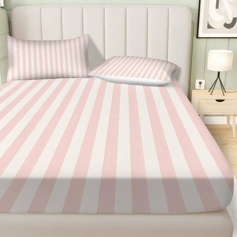3Pcs Pink White Striped Fitted Sheet Three Piece Set (1*Fitted Sheet+2*Pillowcases, Coreless), Modern theme, Stripe Pattern Bedding Set, Mattress Protector Soft, Breathable